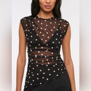 Abercrombie & Fitch Draped Mesh Top Black and White Polka Dot size L